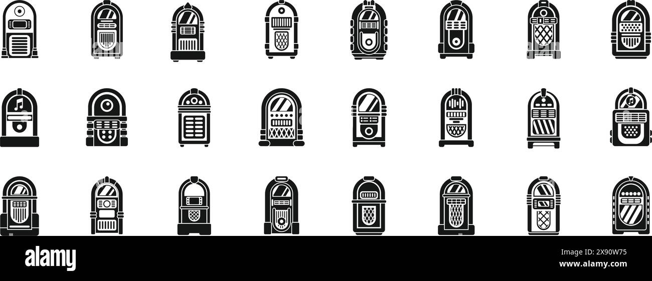 Les icônes de juke-box définissent le vecteur. Une collection de juke-box vintage en noir et blanc. Les juke-box sont tous de formes et de tailles différentes, mais ils ont tous une sensation rétro et nostalgique pour eux Illustration de Vecteur