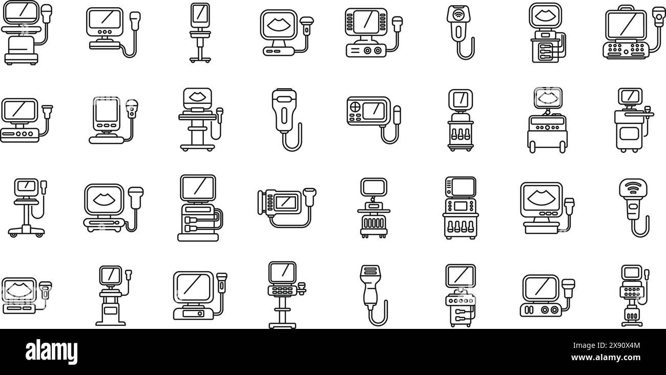 Vecteur de définition des icônes de l'échographe. Collection d'icônes d'équipement médical. Certaines des icônes incluent un stéthoscope, un tensiomètre et un moniteur cardiaque Illustration de Vecteur