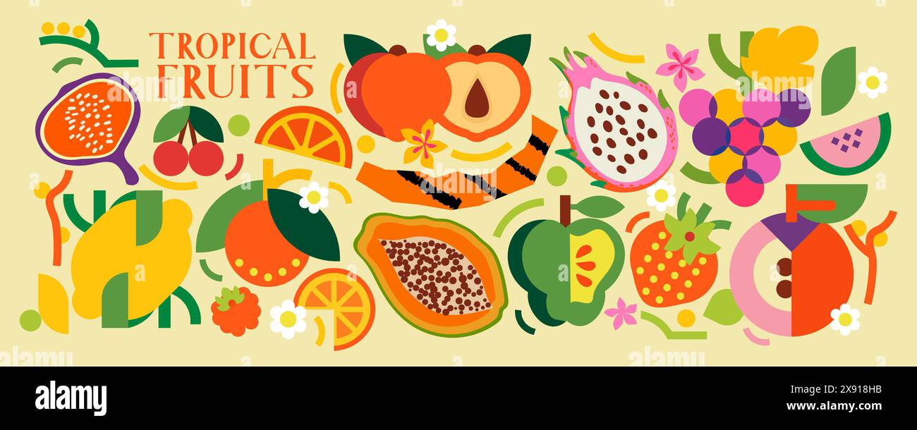 Collecte de fruits tropicaux. Illustration vectorielle de la nourriture. Papaye, pitahaya, figue, orange, cerise, pêche, prune, fraise, raisin, framboise. Illustration de Vecteur