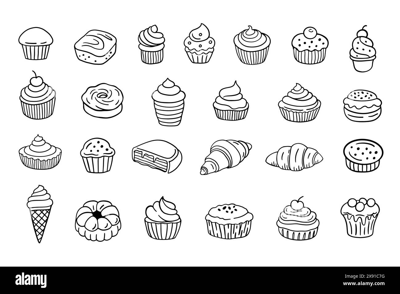 Menu pâtisserie sucrée desserts gâteaux Doodle Icons Set Illustration de Vecteur