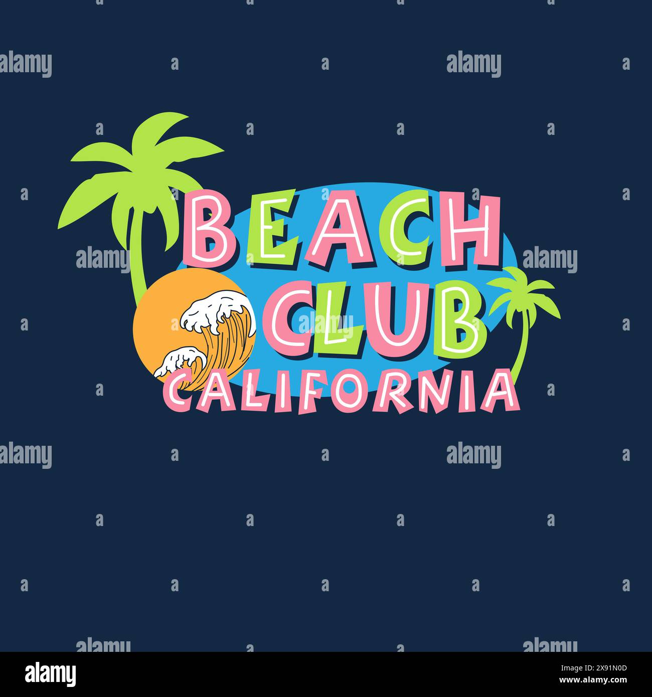 Beach Club California Summer Palm Tree vagues signe bannière design Illustration de Vecteur