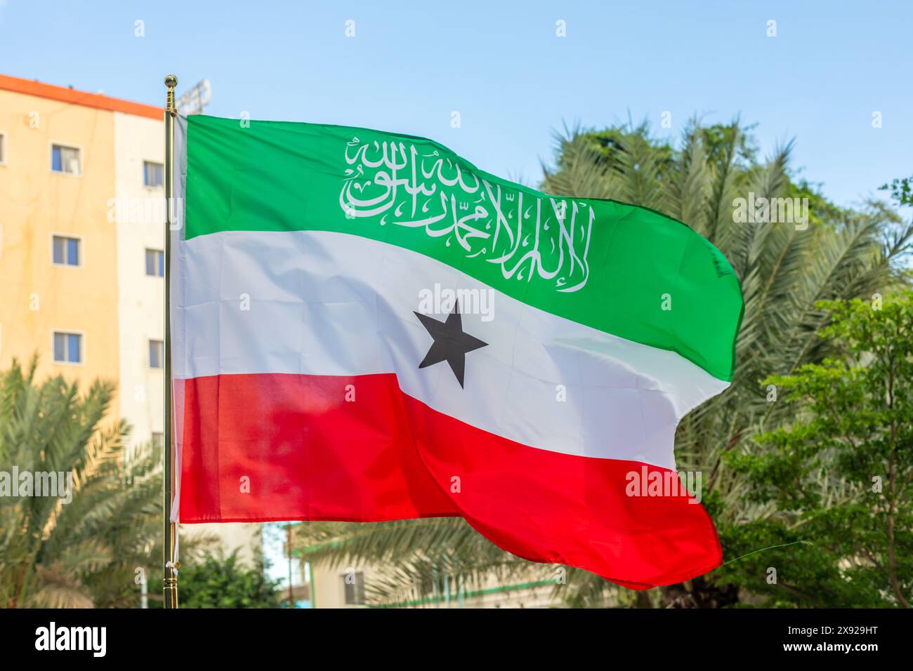 Vert, blanc, rouge drapeau national du Somaliland agitant au vent, Hergeisa, Somaliland, Somalie Banque D'Images