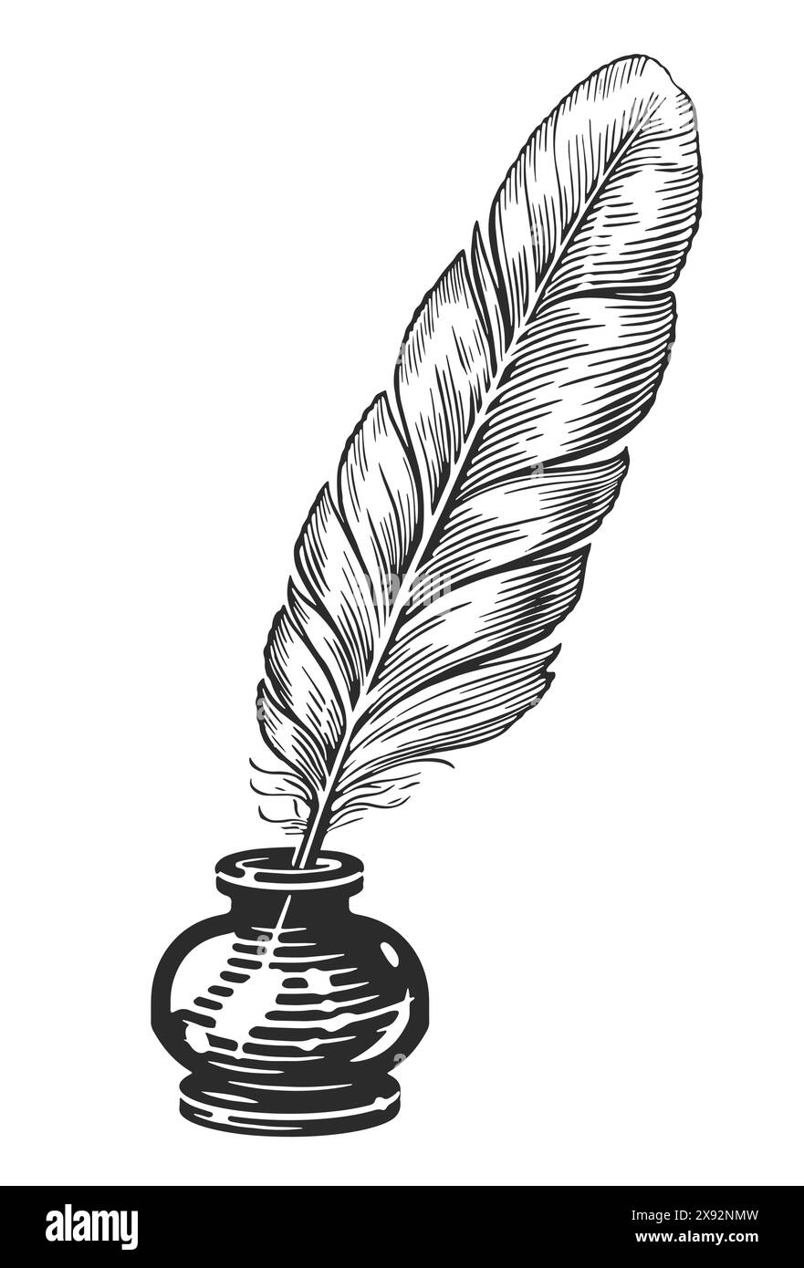 Stylo plume dans encrier. Vintage vieux stylo dans la bouteille d'encre, dans l'encrier. Dessin vectoriel d'esquisse dessiné à la main Illustration de Vecteur