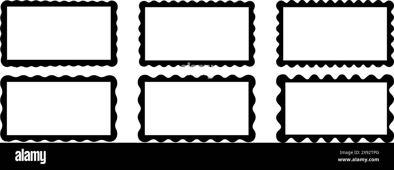 Ensemble de cadres rectangulaires à bords ondulés. Cadres rectangulaires avec bordures festonnées. Bordures miroir, image ou photo, zones de texte ou bannières vides, étiquettes ou étiquettes. Illustration graphique vectorielle. Illustration de Vecteur