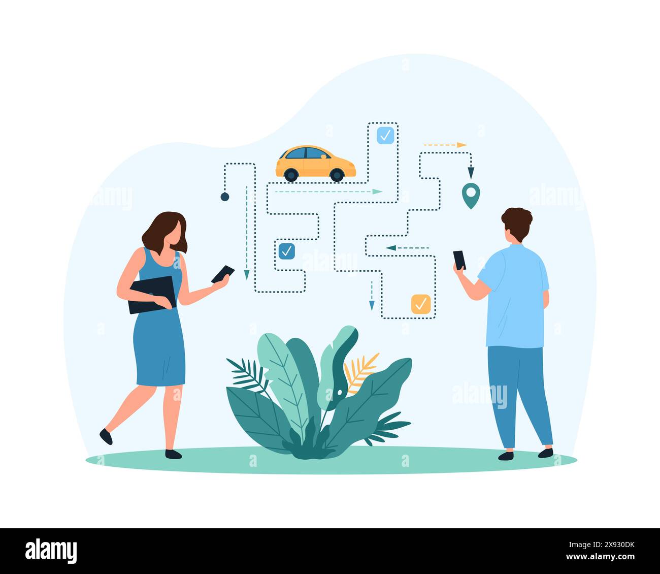 Navigation GPS pour l'application mobile de transport urbain. Minuscules personnes de suivi de l'emplacement de voiture en ligne sur la route, l'itinéraire et l'heure d'arrivée, les clients contrôlent la cabine de taxi dans l'illustration vectorielle de dessin animé de navigateur Illustration de Vecteur