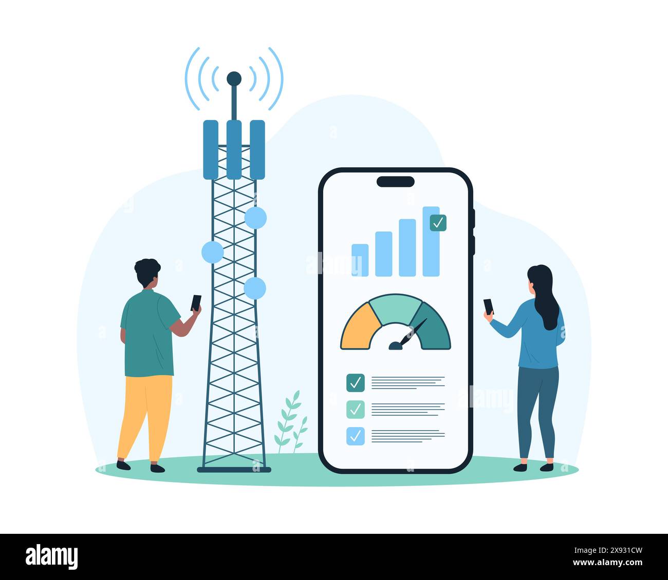 Signal Internet haut débit, téléchargement de données rapide. Minuscules personnes chargeant des fichiers avec une connexion sans fil rapide, niveau de test avec indicateur de vitesse en ligne sur l'illustration vectorielle de dessin animé d'écran de téléphone portable Illustration de Vecteur
