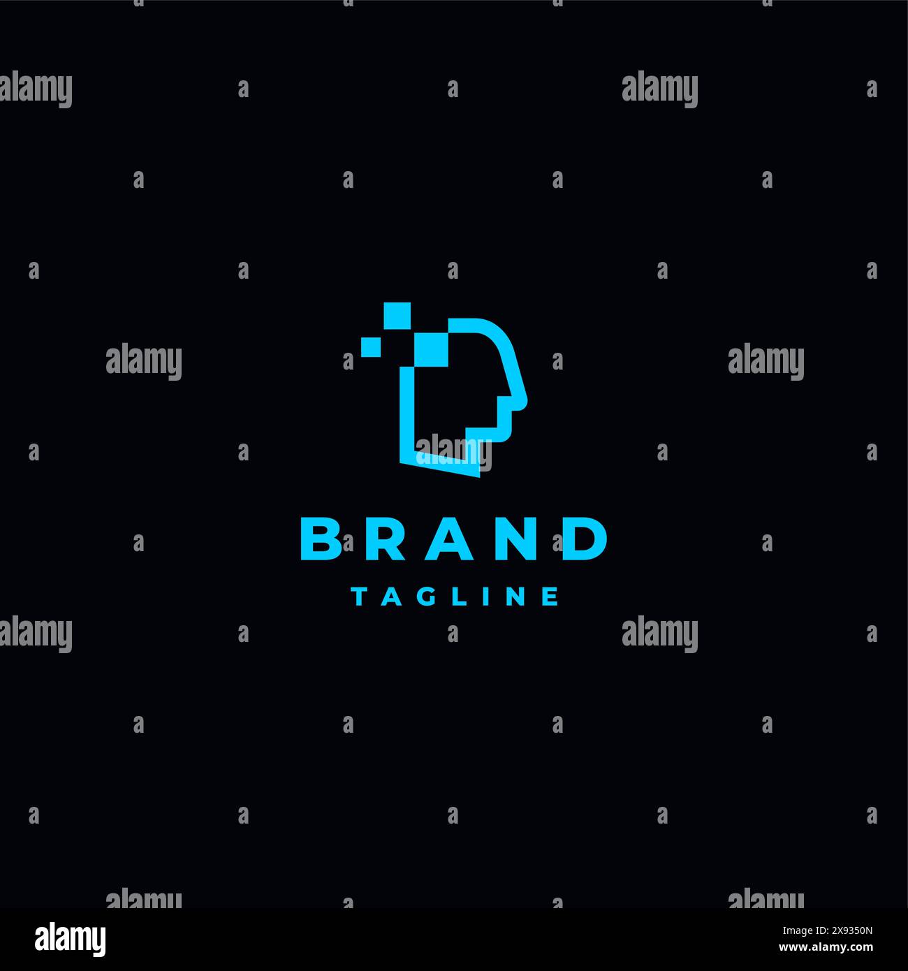 Silhouette de tête de contour avec logo de pixel de points. Icône de tête avec Design de logo Digital accents. Illustration de Vecteur