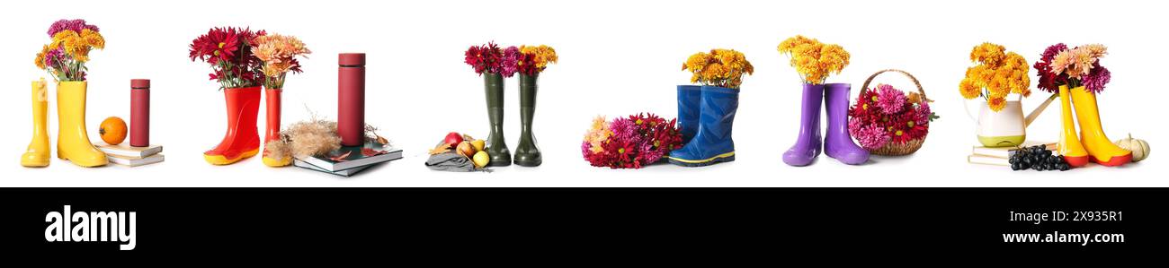 Ensemble de bottes en caoutchouc avec des fleurs d'automne sur fond blanc Banque D'Images