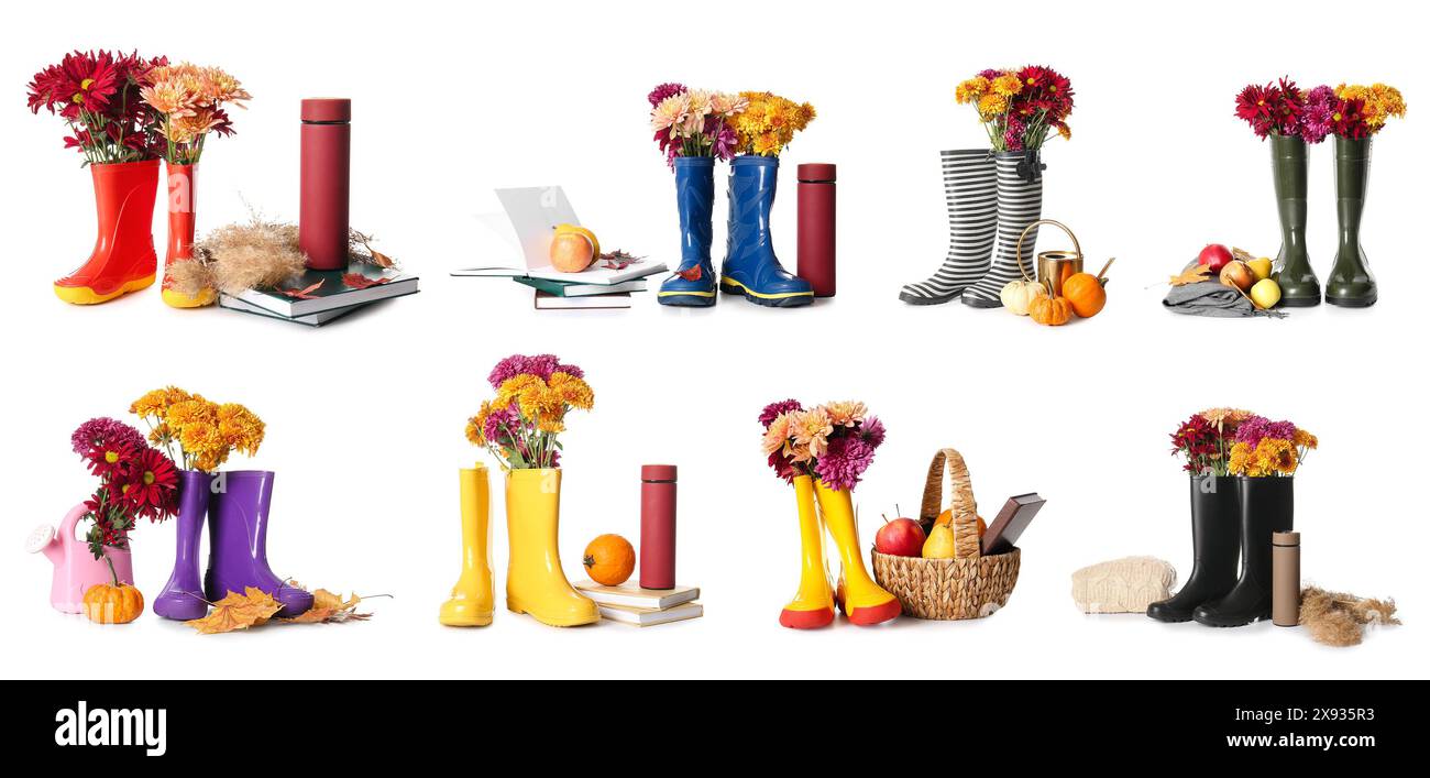 Ensemble de bottes en caoutchouc avec des fleurs d'automne sur fond blanc Banque D'Images