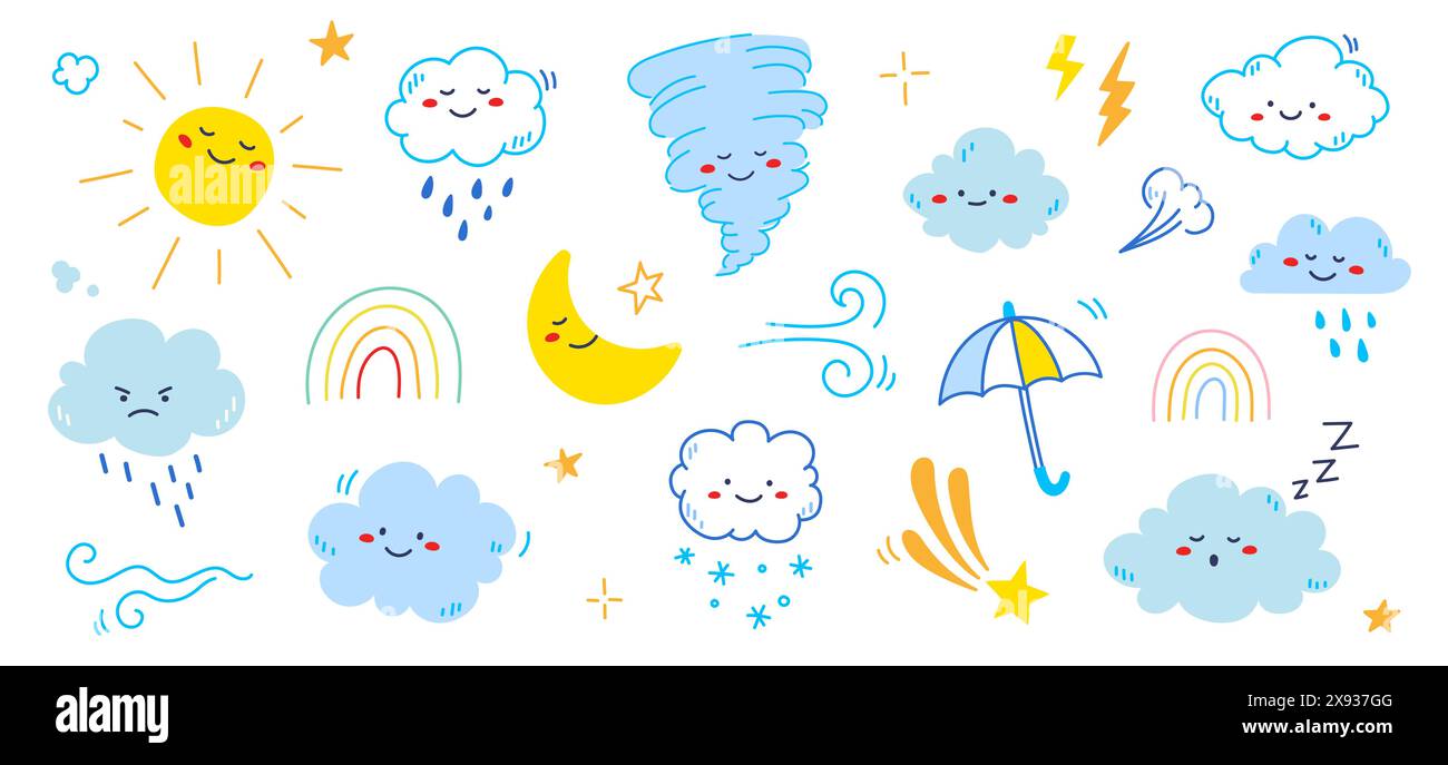 Nuage de pluie météo dessin animé ensemble mignon. Nuage, soleil, personnage de temps de lune avec sourire et visage en colère. Style d'esquisse dessiné à la main. Arc-en-ciel, vent, tornade doodle personnage. Illustration vectorielle. Illustration de Vecteur