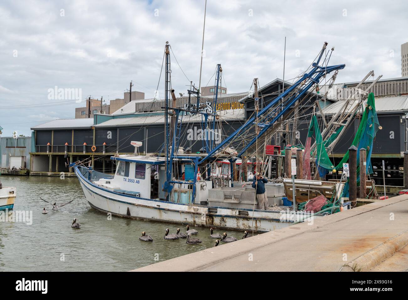 Bateaux de pêche commerciale amarrés à côté de Katie's Seafood House sur le canal de Galveston à Glaveston, Texas Banque D'Images