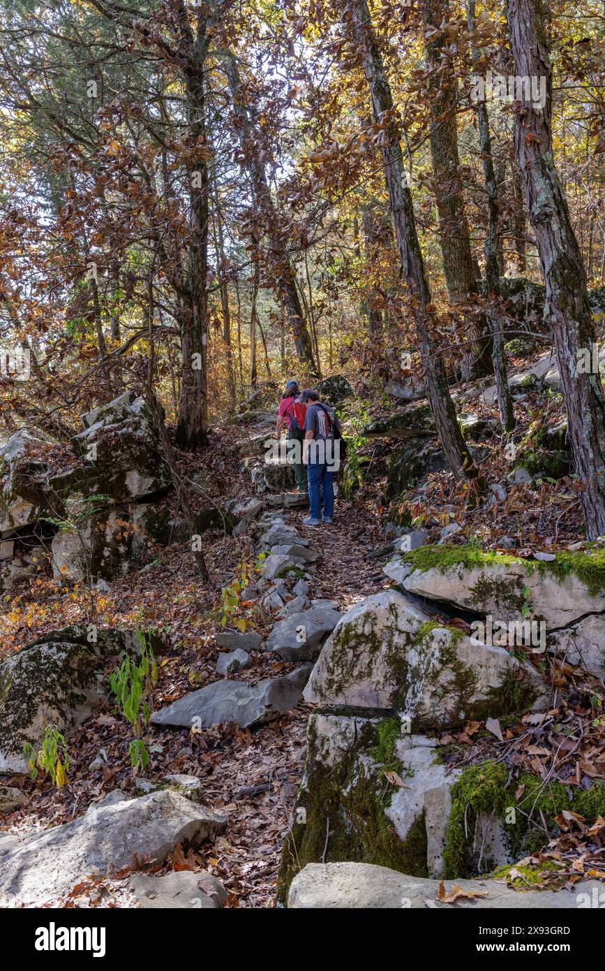 Deux femmes faisant de la randonnée sur le sentier Little Cedar Mountain Trail Small Wild Area près de Jasper, Tennessee Banque D'Images