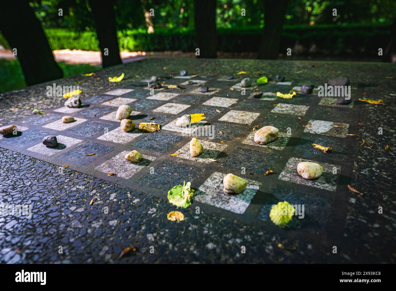 Gros plan d'un échiquier dans un parc avec des morceaux de roches Banque D'Images