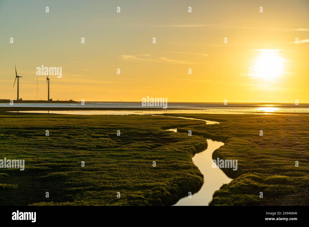 Les éoliennes de la zone des zones humides de Gaomei au coucher du soleil, un endroit pittoresque populaire dans le district de Qingshui, Taichung City, Taiwan. Banque D'Images