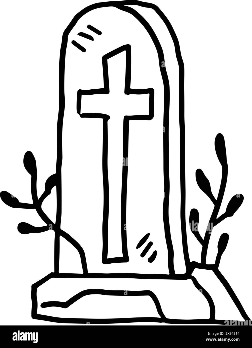 Une pierre tombale de cimetière avec une croix dessus. La pierre tombale est vide et a une jambe cassée Illustration de Vecteur