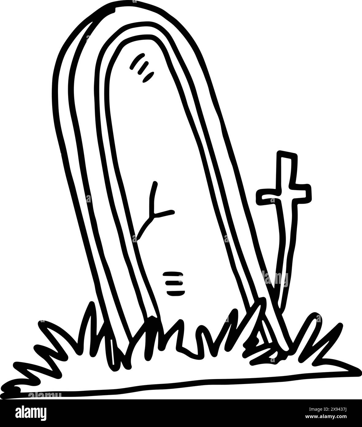 Une pierre tombale de cimetière avec une croix dessus. La pierre tombale est vide et a une jambe cassée Illustration de Vecteur