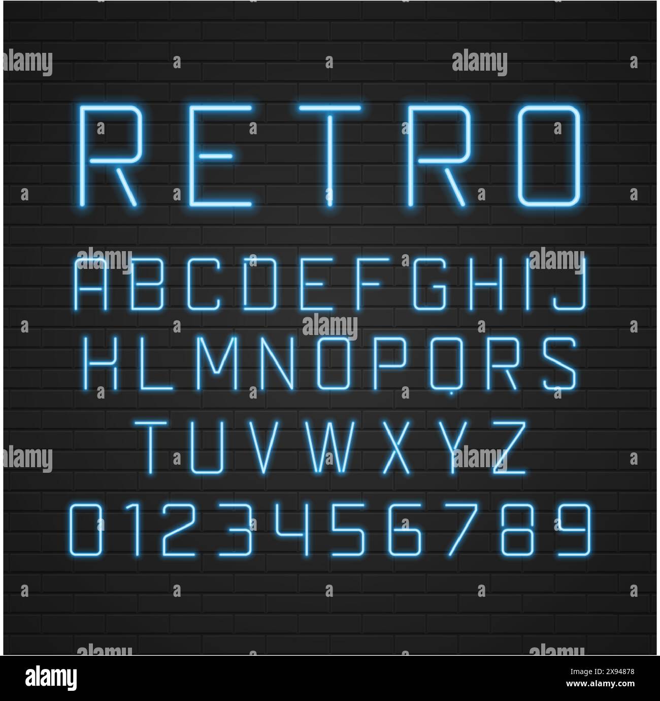 Lettres de panneau rétro de conception vectorielle avec lampes au néon légères. Alphabet 3d vintage avec effet d'ombre sur fond de briques rouges, Design de signe des années 1950, rétro Illustration de Vecteur