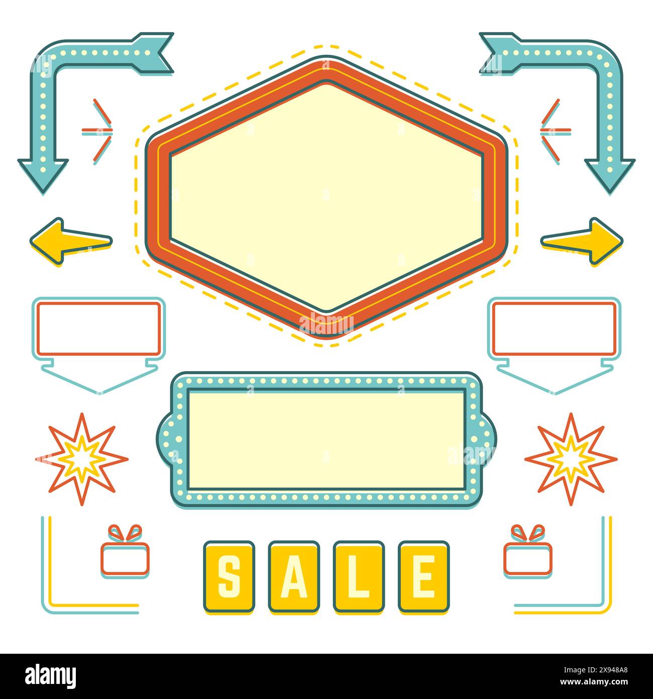 Ensemble d'éléments de conception de signe rétro américain des années 1950. Ampoules de signalisation de panneau d'affichage, cadres, flèches, icônes, lampes au néon. Pour la publicité, les cartes de voeux, pos Illustration de Vecteur