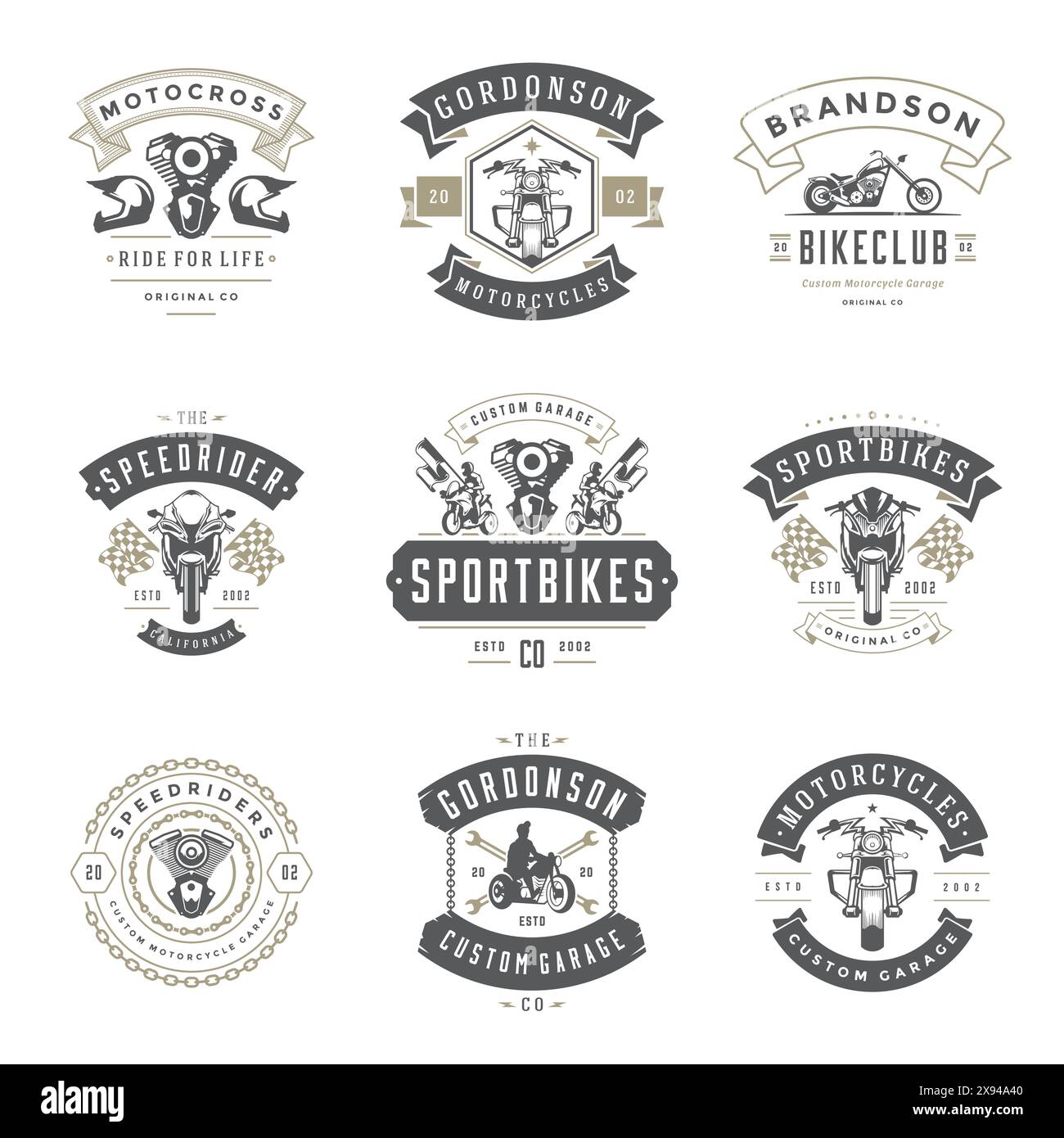 Modèles de modèles de motocyclettes ensemble d'éléments de conception vectoriels, emblèmes de style vintage et badges rétro illustration. Clubs de motards classiques, moto sport silh Illustration de Vecteur