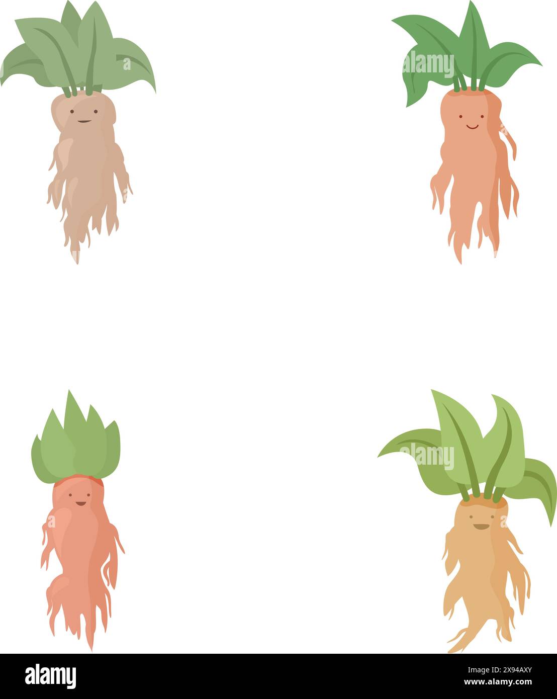 Collection de personnages de racine de mandrake de dessin animé mignons et joyeux dans un cadre magique et enchanteur de jardin botanique, parfait pour les livres d'histoires et l'animation des enfants Illustration de Vecteur