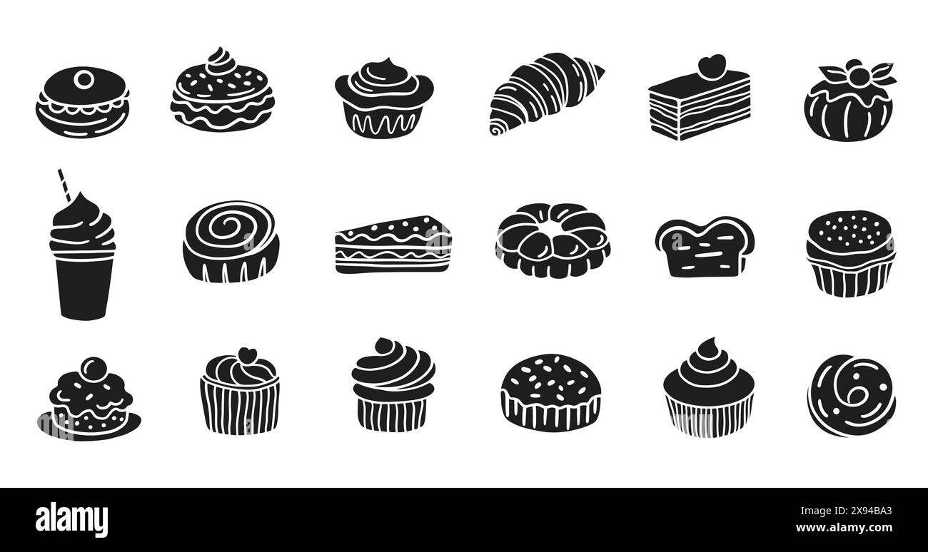 Menu pâtisserie sucrée desserts gâteaux Doodle Icons Set Illustration de Vecteur