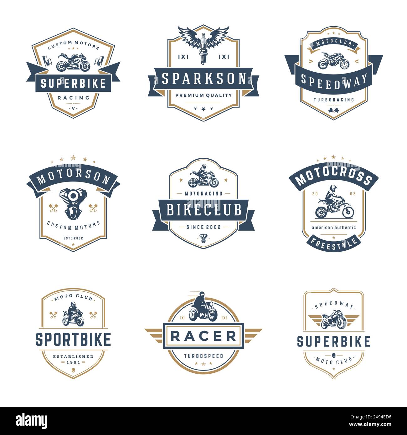 Modèles de modèles de motocyclettes ensemble d'éléments de conception vectoriels, emblèmes de style vintage et badges rétro illustration. Clubs de motards classiques, moto sport silh Illustration de Vecteur