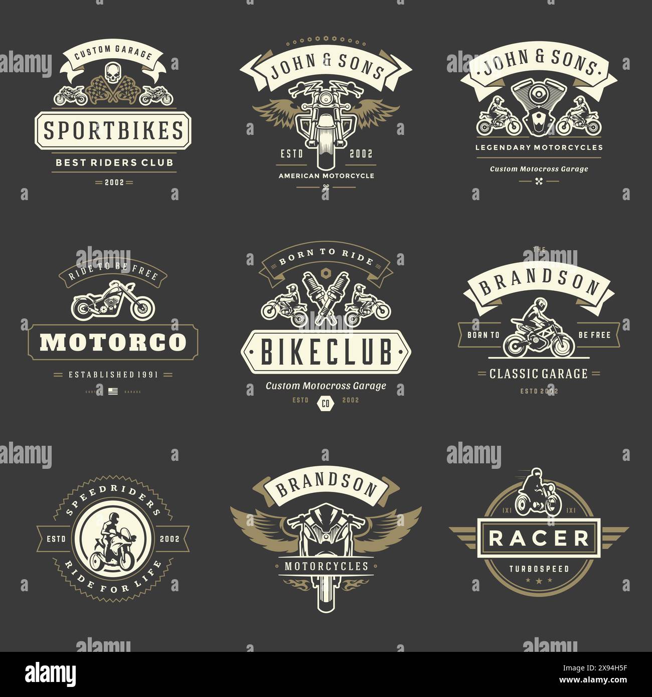 Modèles de modèles de motocyclettes ensemble d'éléments de conception vectoriels, emblèmes de style vintage et badges rétro illustration. Clubs de motards classiques, moto sport silh Illustration de Vecteur