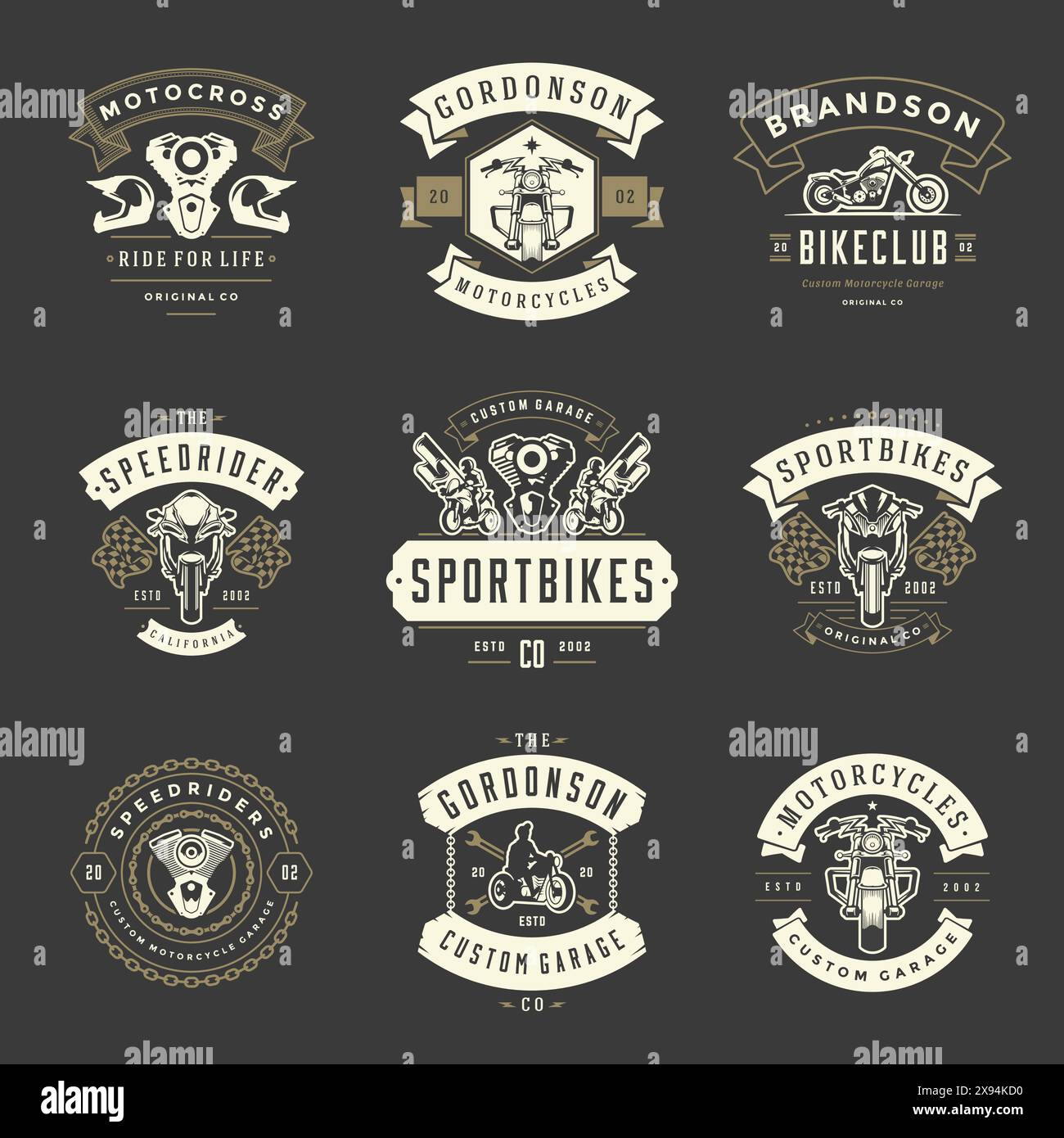 Modèles de modèles de motocyclettes ensemble d'éléments de conception vectoriels, emblèmes de style vintage et badges rétro illustration. Clubs de motards classiques, moto sport silh Illustration de Vecteur