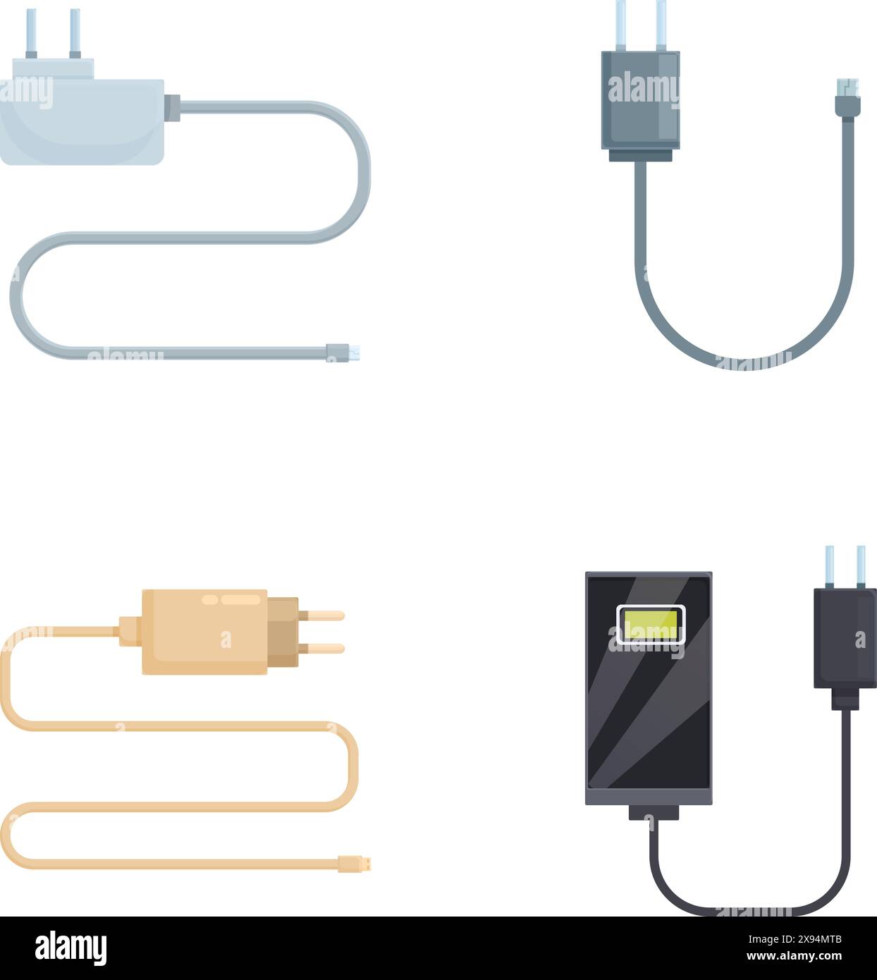 Collection de différents types de câbles d'alimentation et de chargeurs pour appareils électroniques sur fond blanc Illustration de Vecteur
