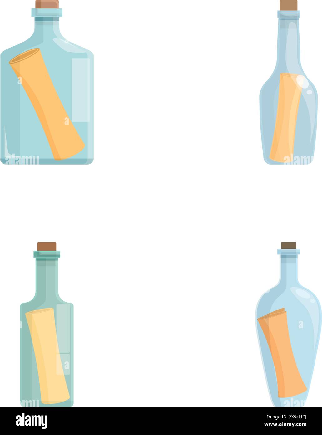 Ensemble de quatre bouteilles en verre vectoriel plat avec des étiquettes vierges sur un fond blanc, adapté aux maquettes de conception Illustration de Vecteur