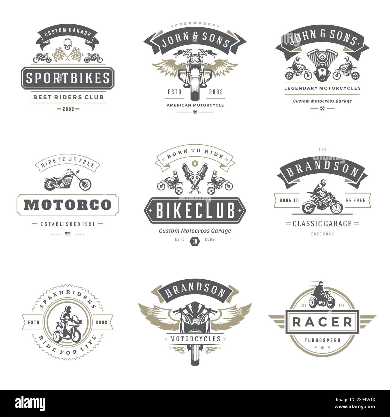 Modèles de modèles de motocyclettes ensemble d'éléments de conception vectoriels, emblèmes de style vintage et badges rétro illustration. Clubs de motards classiques, moto sport silh Illustration de Vecteur