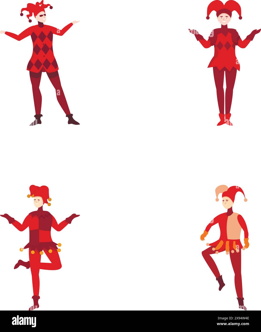 Ensemble de quatre illustrations de bouffon ludiques, idéal pour les thèmes festifs et médiévaux Illustration de Vecteur