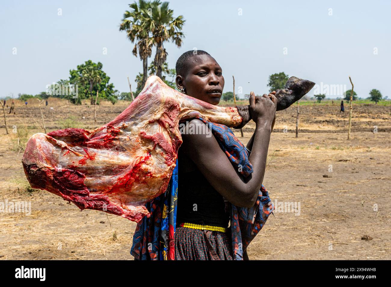 Femme Mundari portant une jambe de vache, tribu Mundari, Soudan du Sud, Afrique Banque D'Images