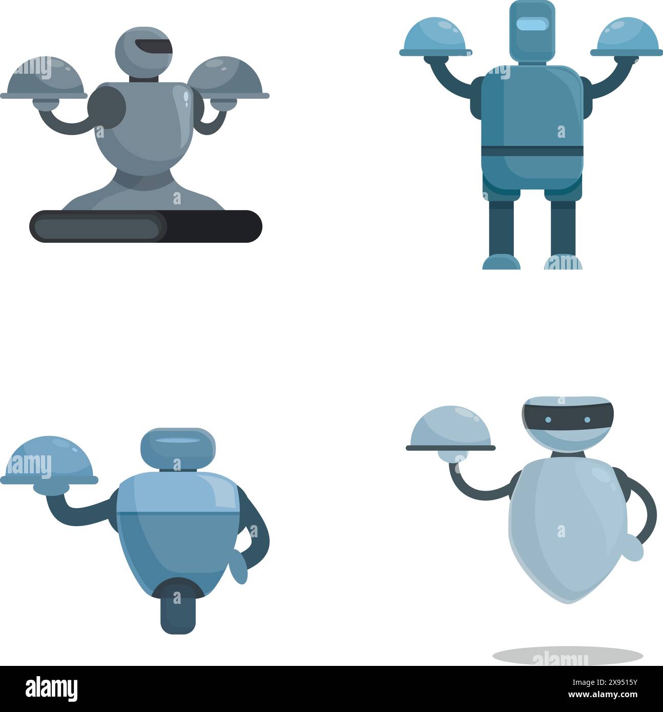 Ensemble de quatre majordomes robots de dessins animés amicaux conçus pour le service, présentant des plats sur des plateaux Illustration de Vecteur