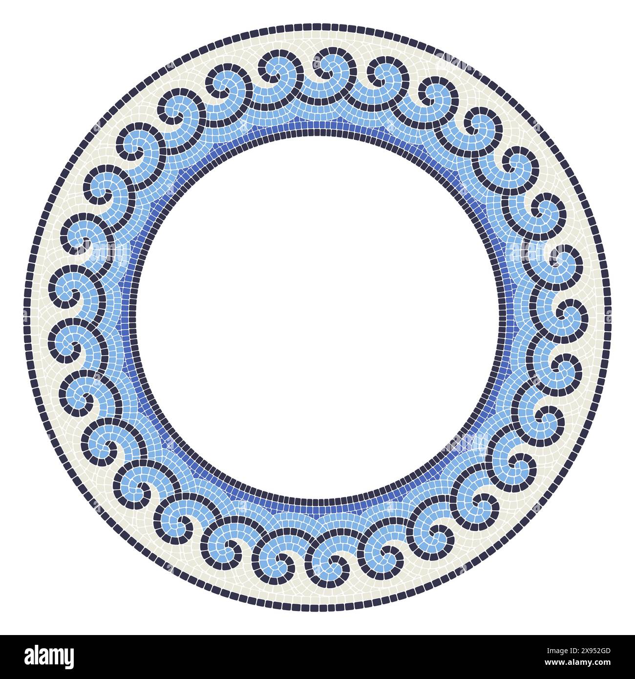 Cadre en mosaïque ronde avec des vagues de la mer, cercle dans le style portugais avec des boucles ondulées décoratives, ornement grec, vecteur Illustration de Vecteur