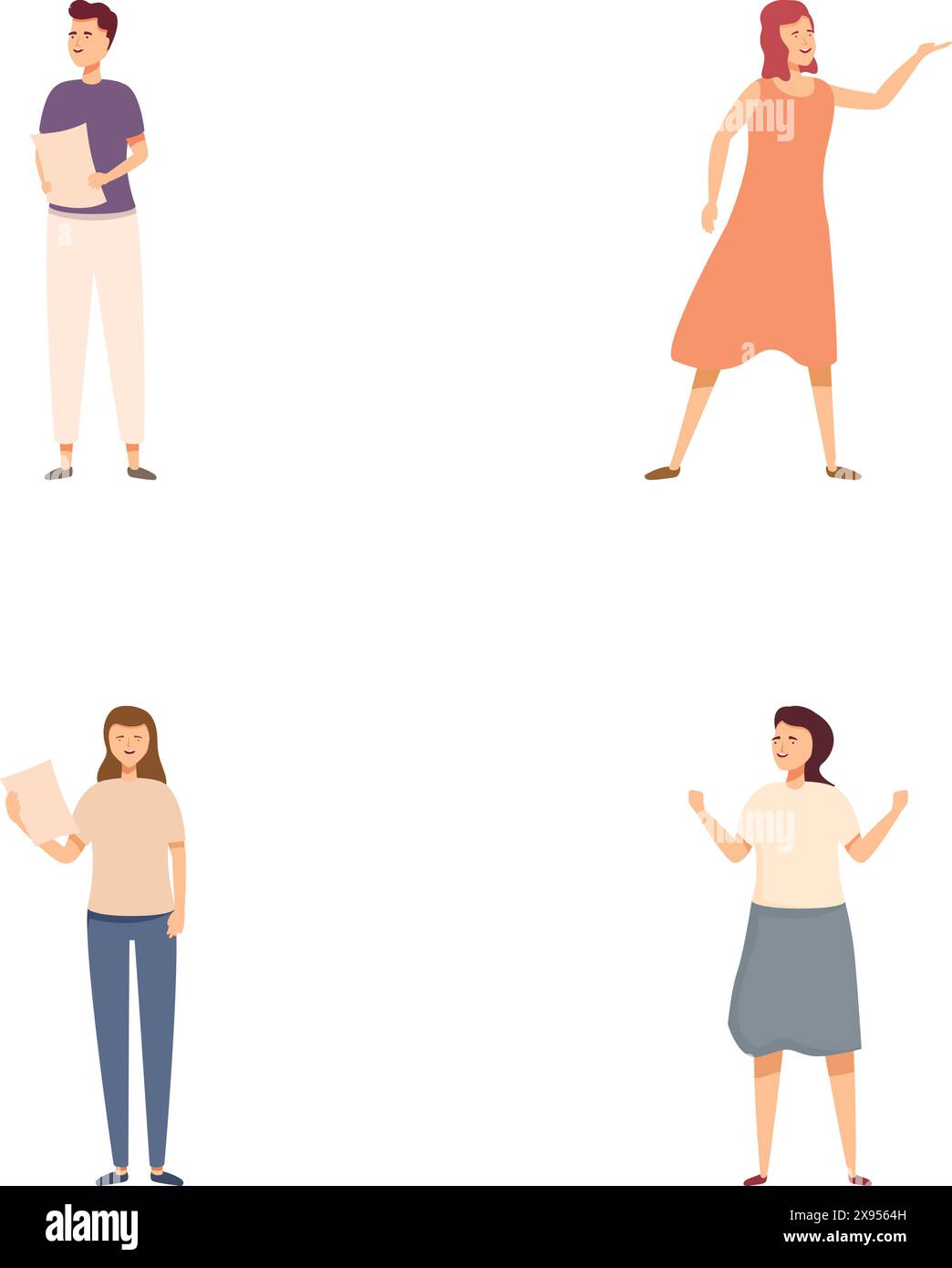 Collection de quatre personnages illustrés présentant différentes poses et émotions Illustration de Vecteur