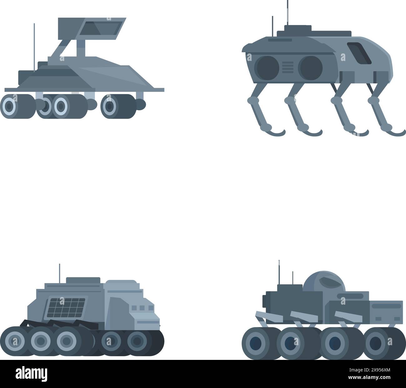 Quatre illustrations vectorielles isolées de véhicules militaires futuristes sur fond blanc Illustration de Vecteur