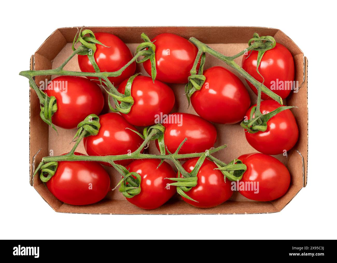 Tomates raisin sur la vigne dans une barquette en carton. Tomates cocktail rouges mûres, petites, oblongues, de la taille d'un bout de pouce, en forme de tomate prune. Banque D'Images