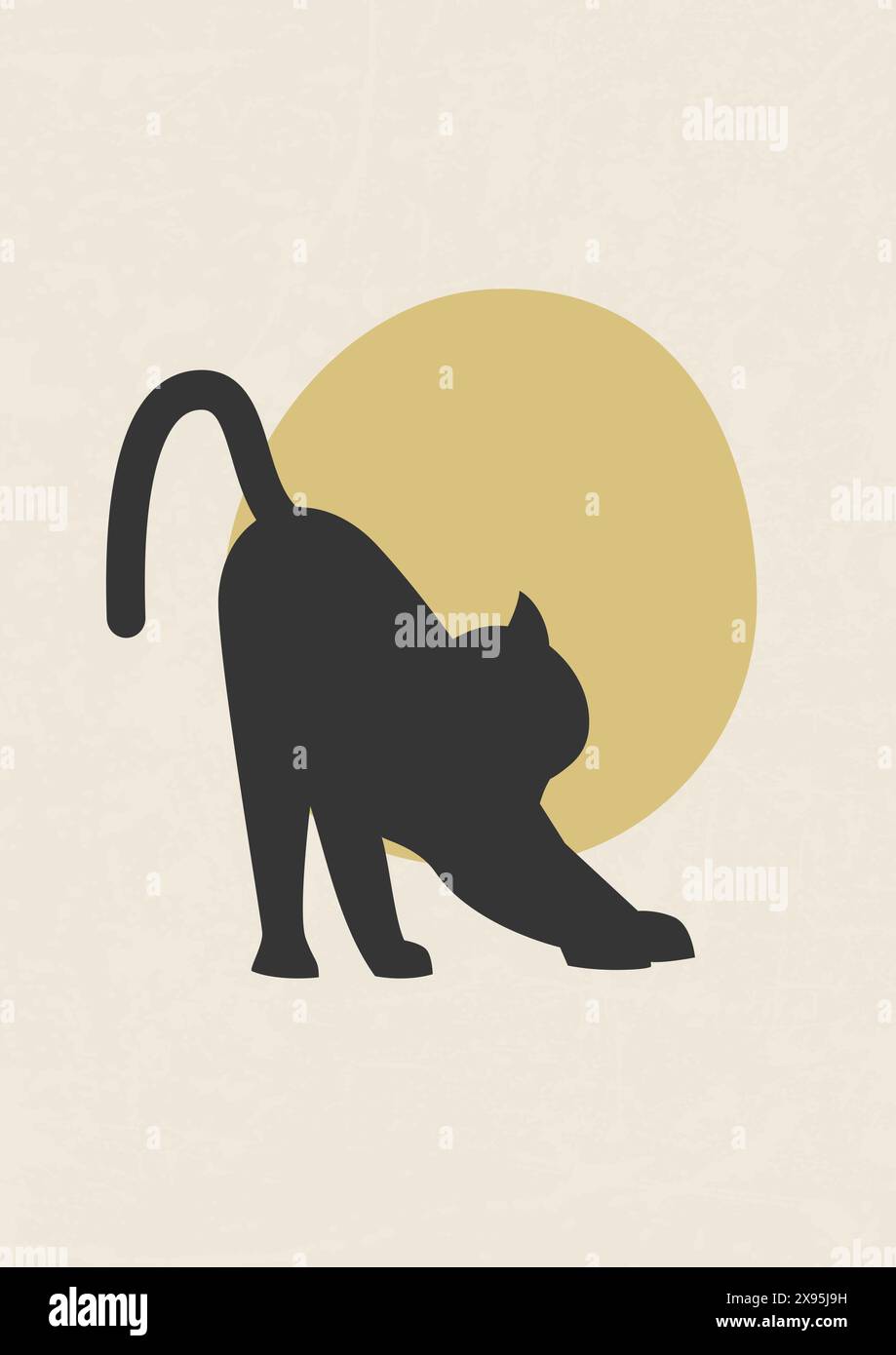 Silhouette de chat noir esthétique style boho. Seul Kitty dans l'illustration 2d lever de soleil. Cat Life concept, vecteur compris Illustration de Vecteur