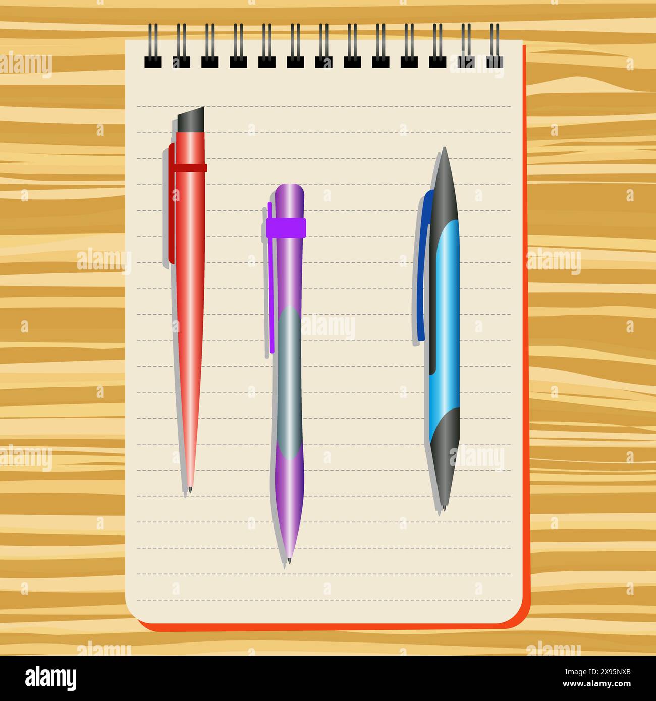 Cahier, stylo rouge, stylo violet et stylo bleu sur une table en bois Illustration de Vecteur