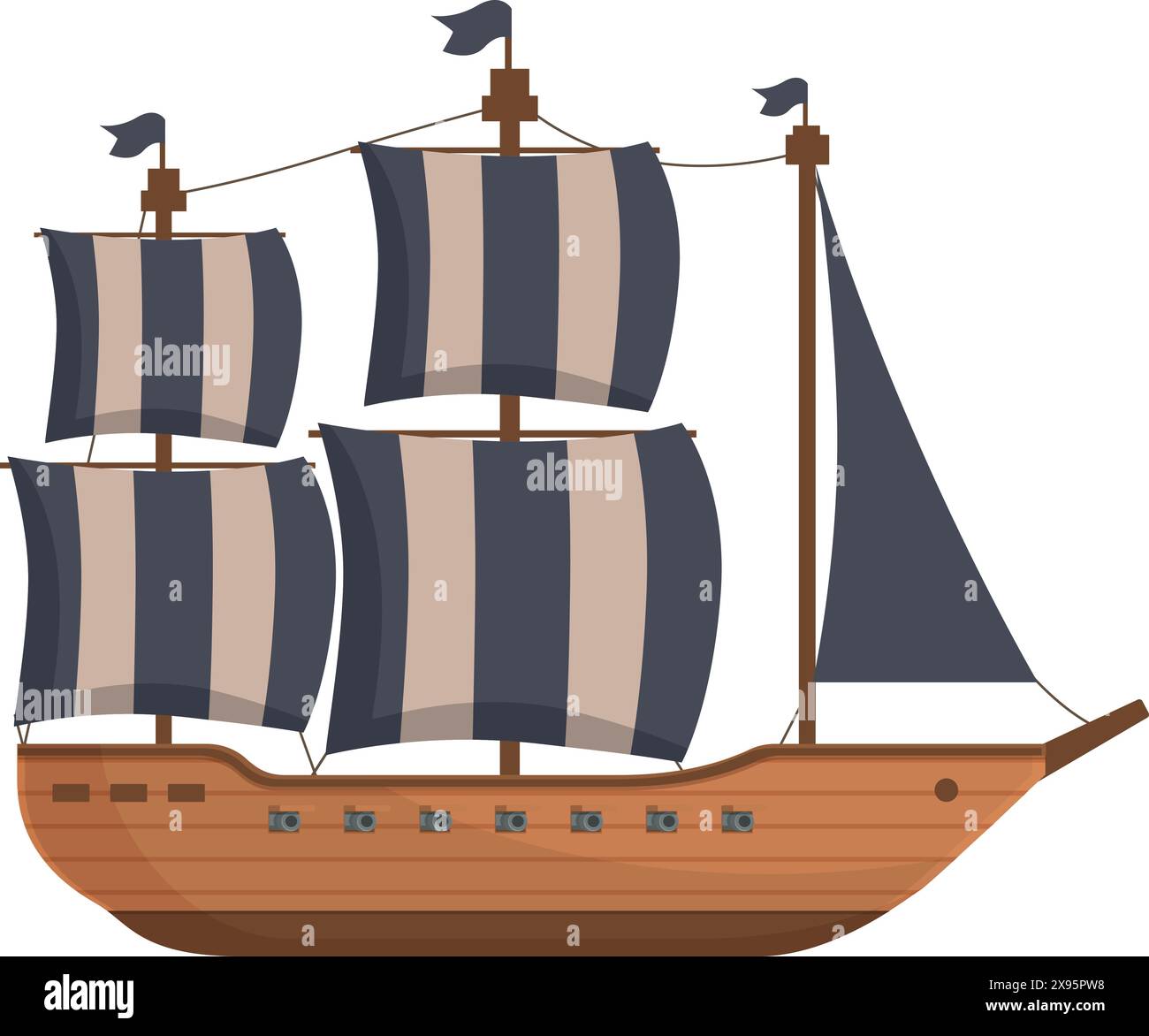 Illustration isolée d'un bateau pirate classique avec des voiles et des drapeaux sur un fond blanc Illustration de Vecteur