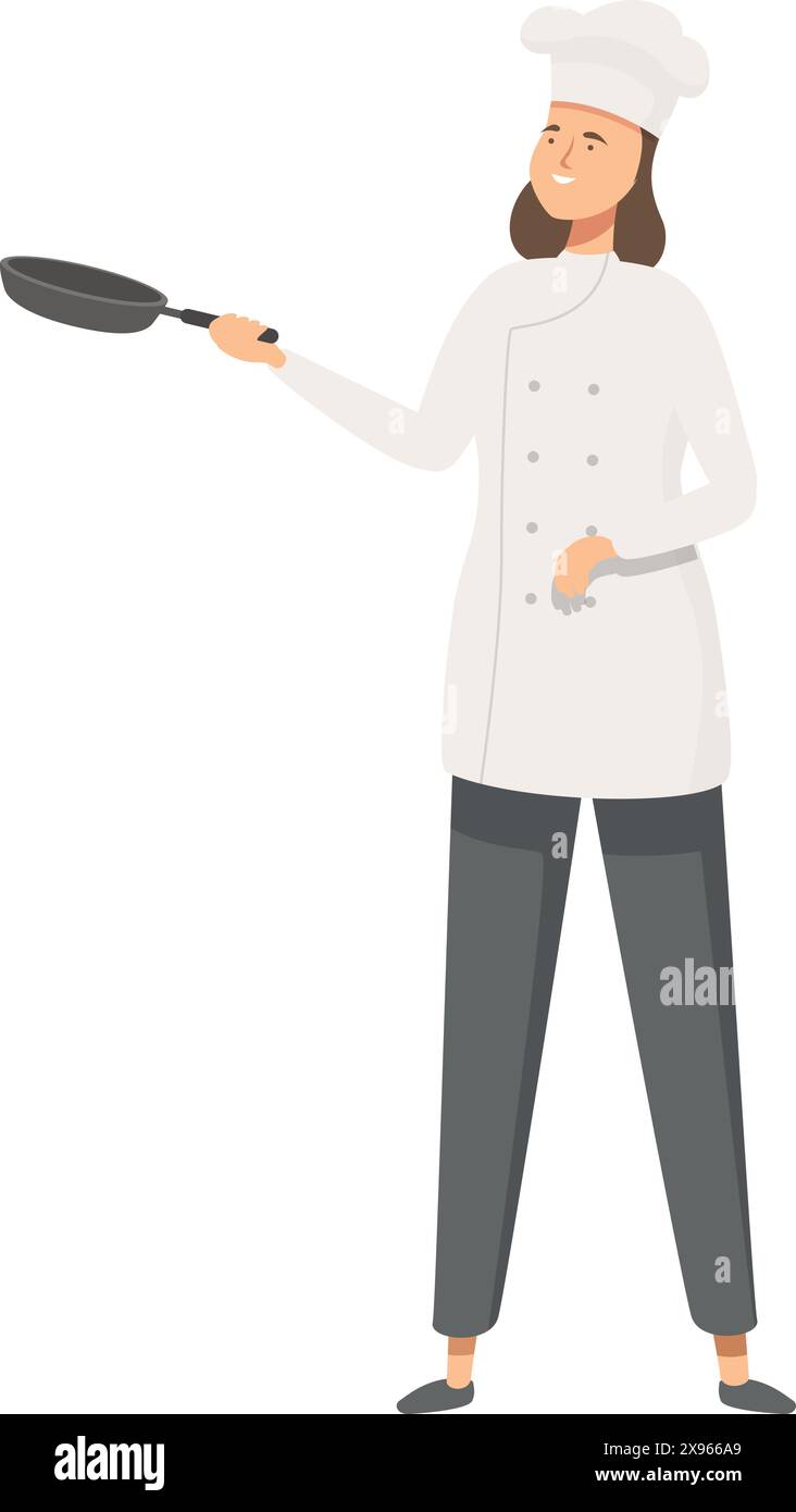 Dessin animé d'une femme chef en uniforme tenant en toute confiance une poêle à frire, isolée sur un fond blanc Illustration de Vecteur