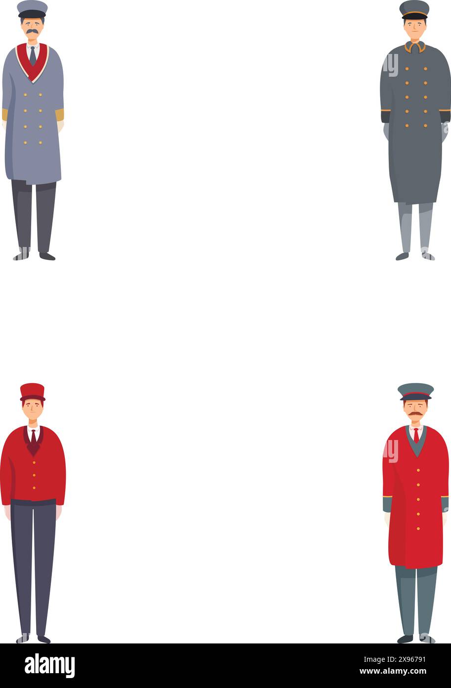 Ensemble illustré de quatre conducteurs de train dans des uniformes et des poses différents, isolés sur blanc Illustration de Vecteur