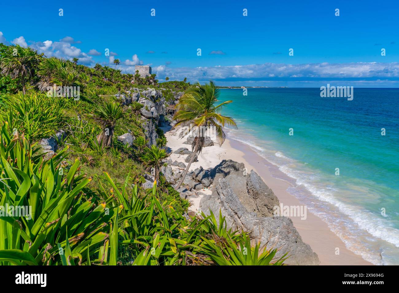 Vue sur les ruines du temple maya surplombant la mer, Tulum, Quintana Roo, Côte des Caraïbes, péninsule du Yucatan, Riviera Maya, Mexique, Amérique du Nord Banque D'Images