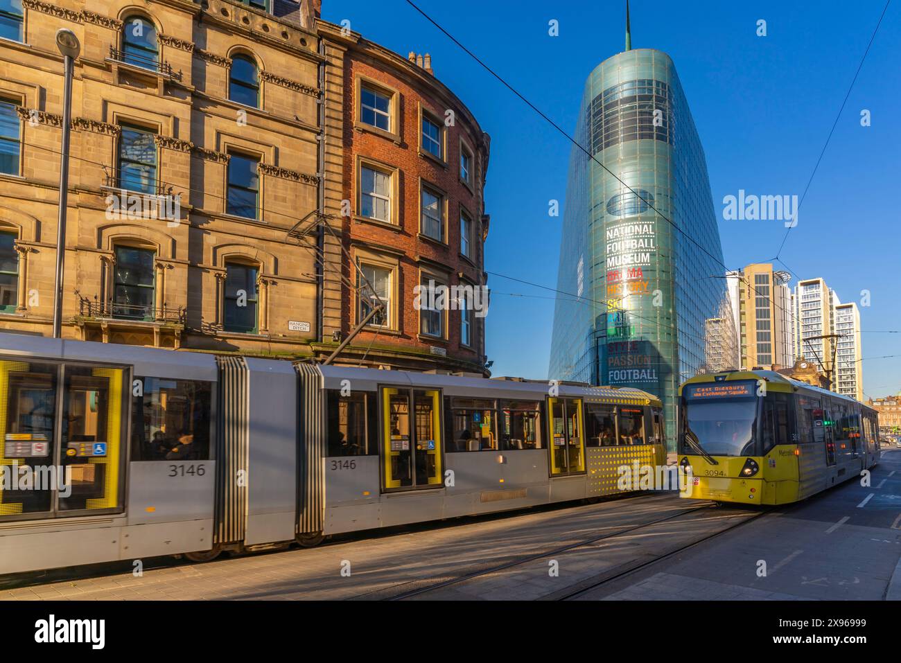 Vue du tramway de la ville à Exchange Square, Manchester, Lancashire, Angleterre, Royaume-Uni, Europe Banque D'Images