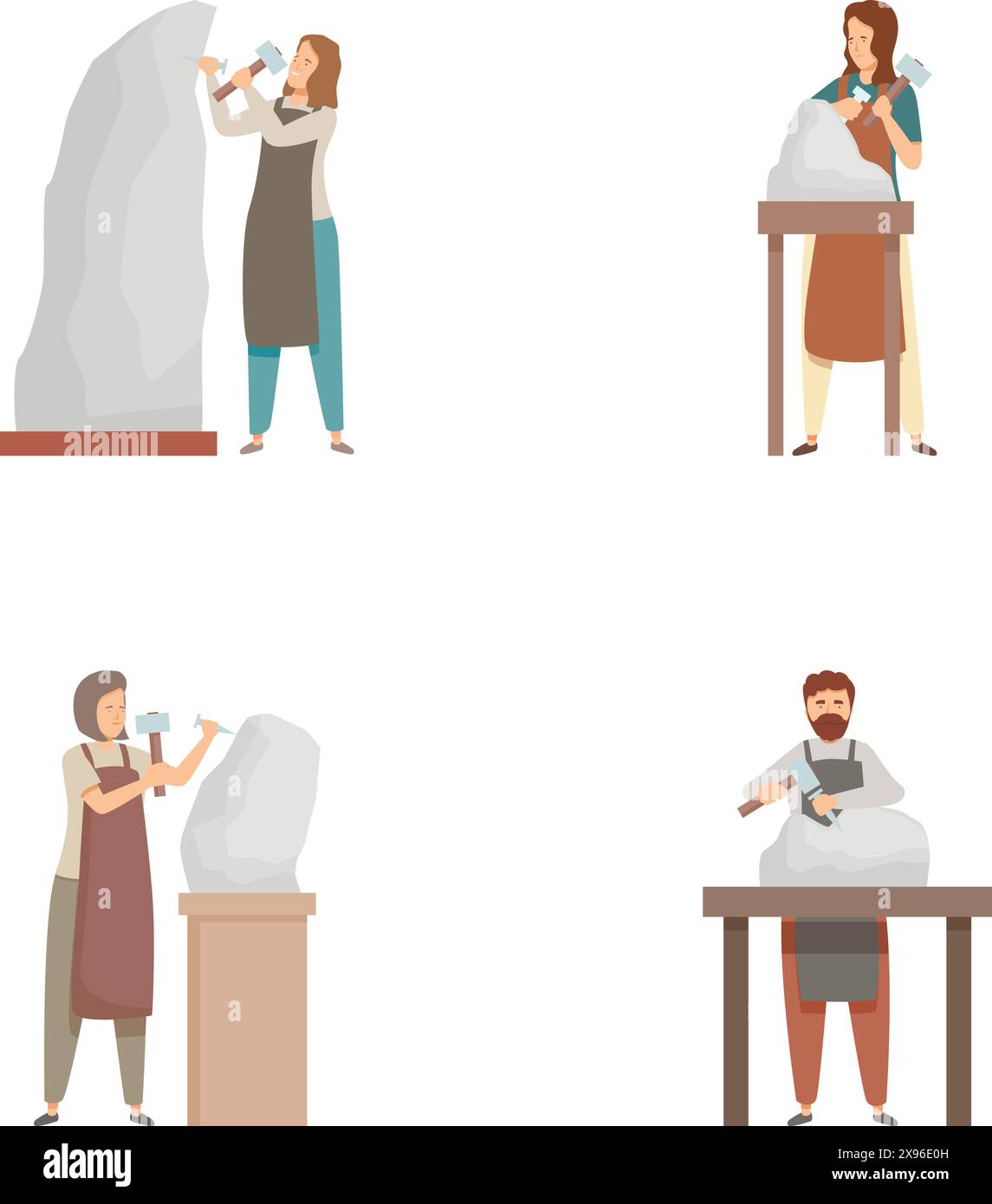 Ensemble d'illustrations montrant des artistes sculptant des figures de pierre Illustration de Vecteur