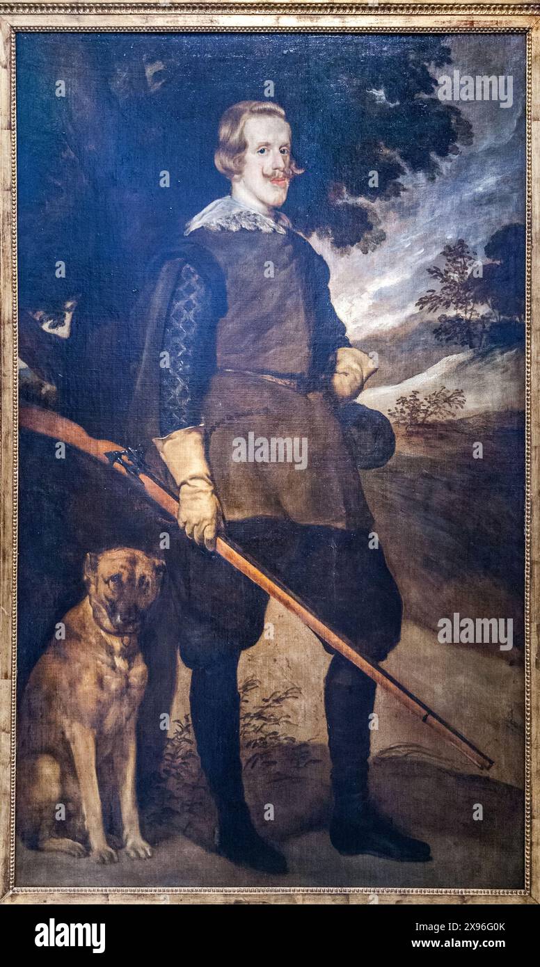 Portrait du roi d'Espagne Philippe IV, chasseur, par Diego de Velazquez. Cet exemplaire appartient au Musée Goya de Castres (France). Le Prado Museu Banque D'Images