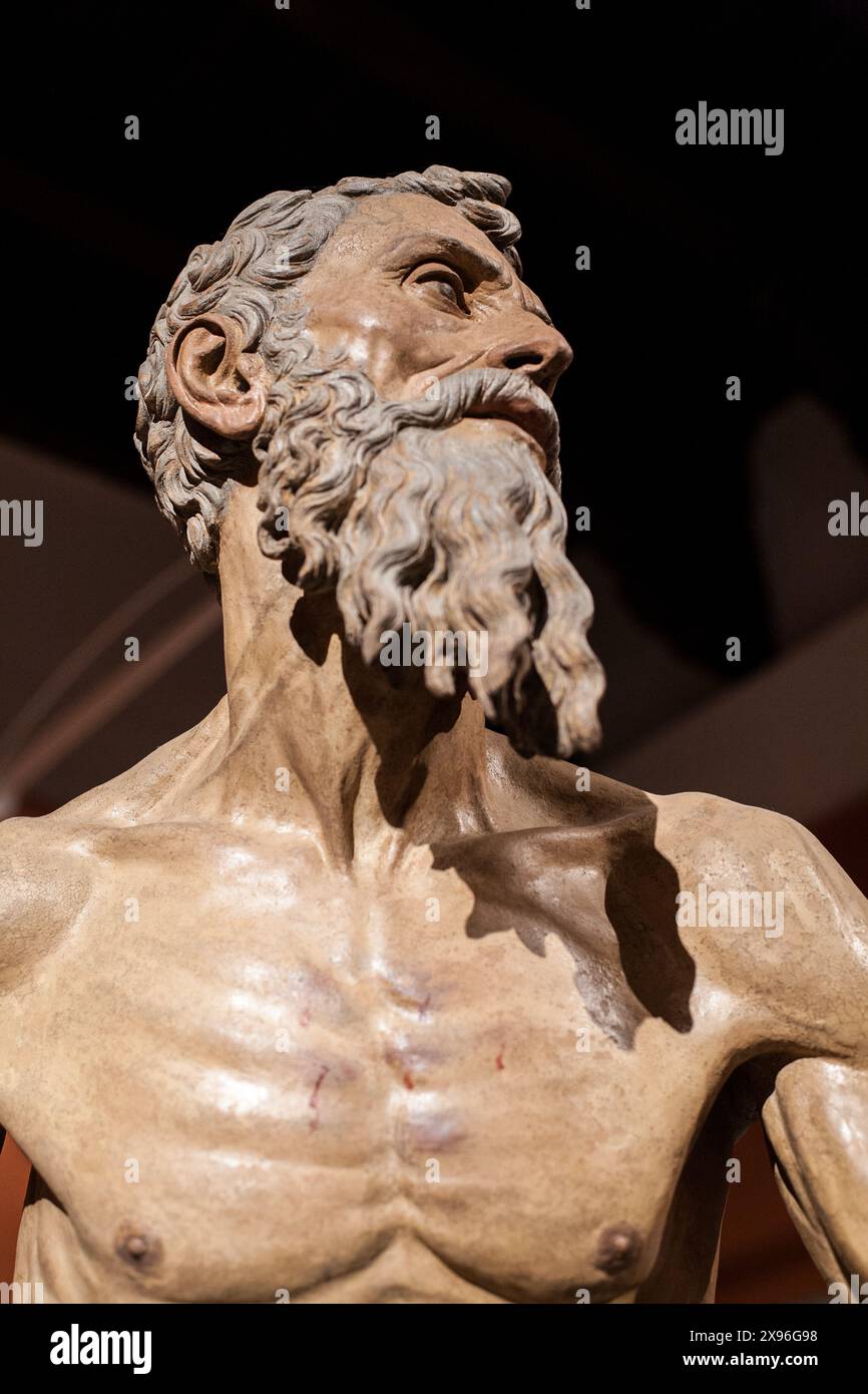 Vue détaillée de, sculpture de Jérôme créée par Pietro Torrigiano en 1525, située au Musée des Beaux-Arts de Séville, Espagne. Banque D'Images