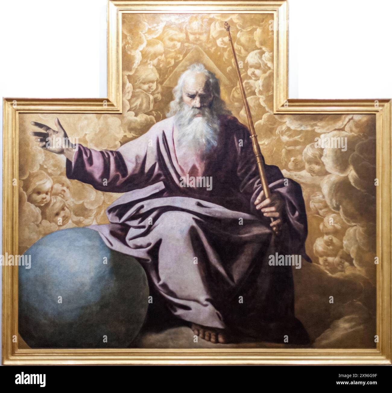 Père éternel représenté avec un sceptre et un globe, entouré de nuages et de chérubins, créé par Francisco de Zurbaran en 1634. Banque D'Images