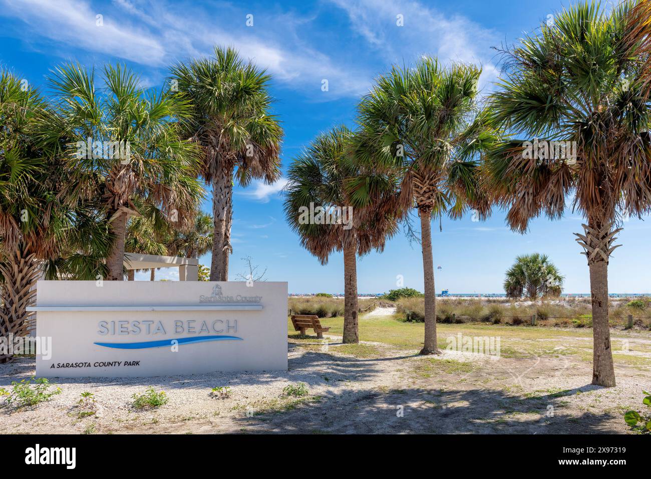 Panneau d'entrée de Siesta Key Beach à Sarasota, Floride, États-Unis. Banque D'Images